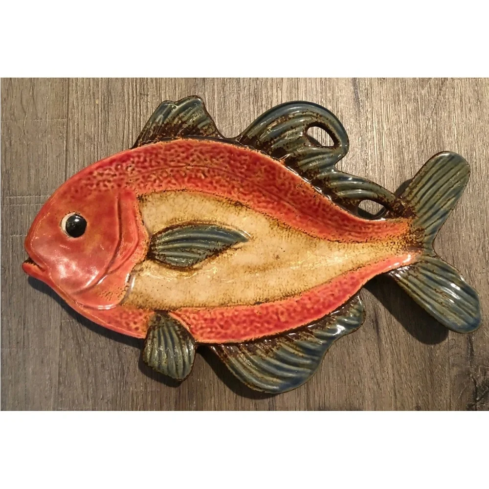 Pier 1 Fish Sushi Serving Dish Hand Painted Ceramic Coastal Beach Decor EC